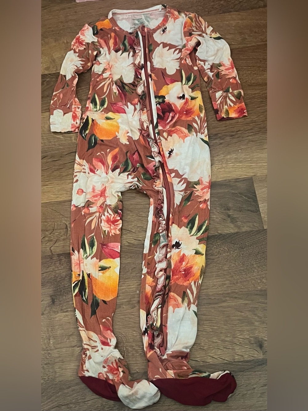POSH PEANUT Lenora Ruffled Zipper Footie Pajamas Floral Bamboo 2T